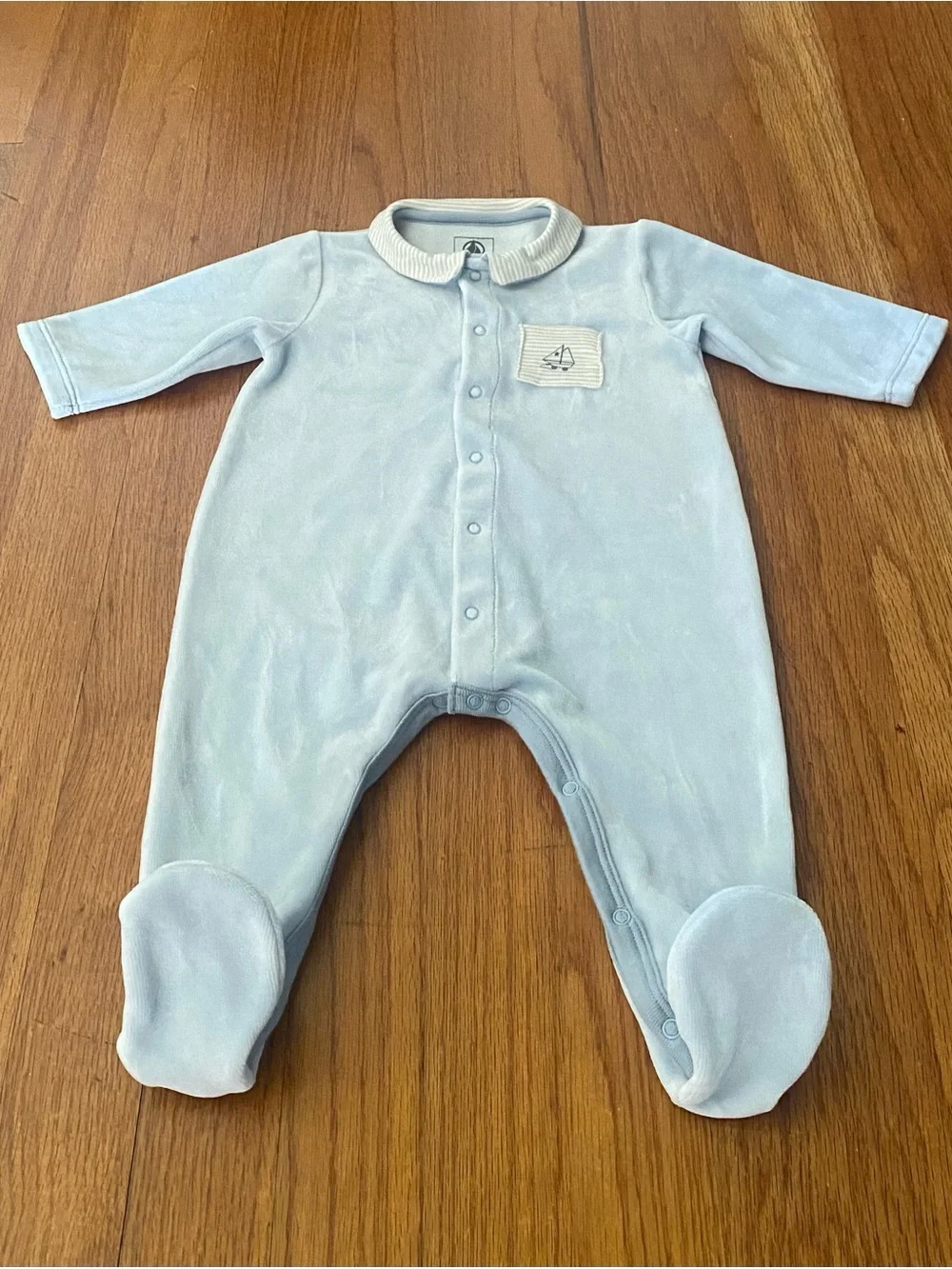 Petit Bateau Light Blue Velour Collared  Baby Footie